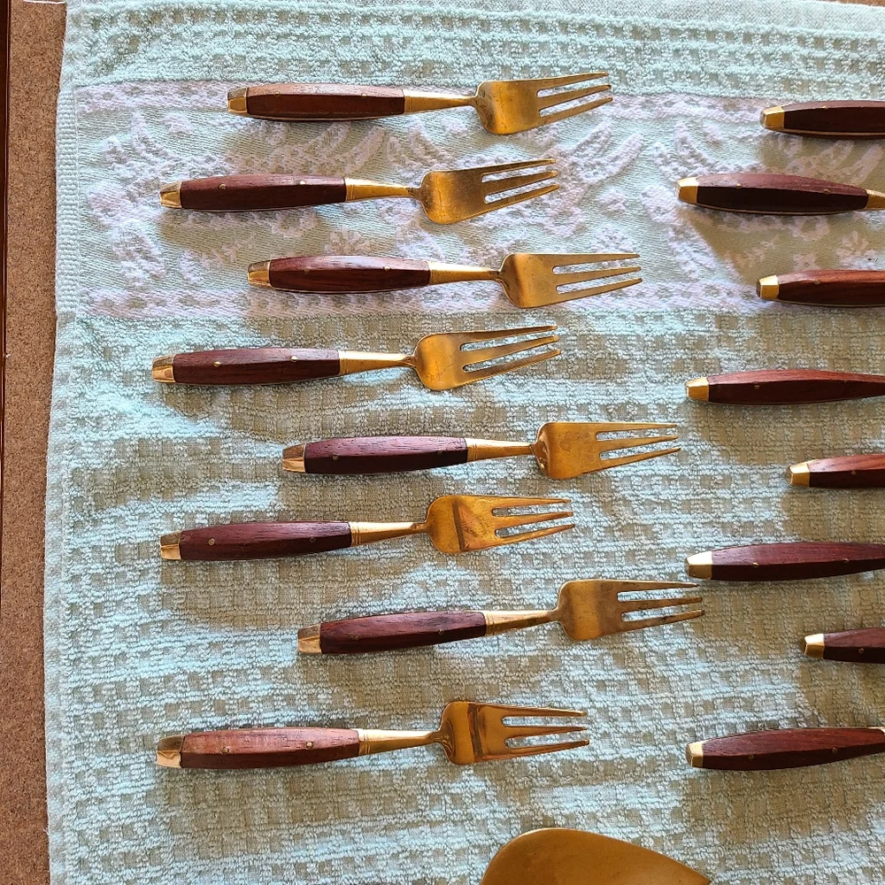 22 piece Thai wood and brass appetizer/dessert set